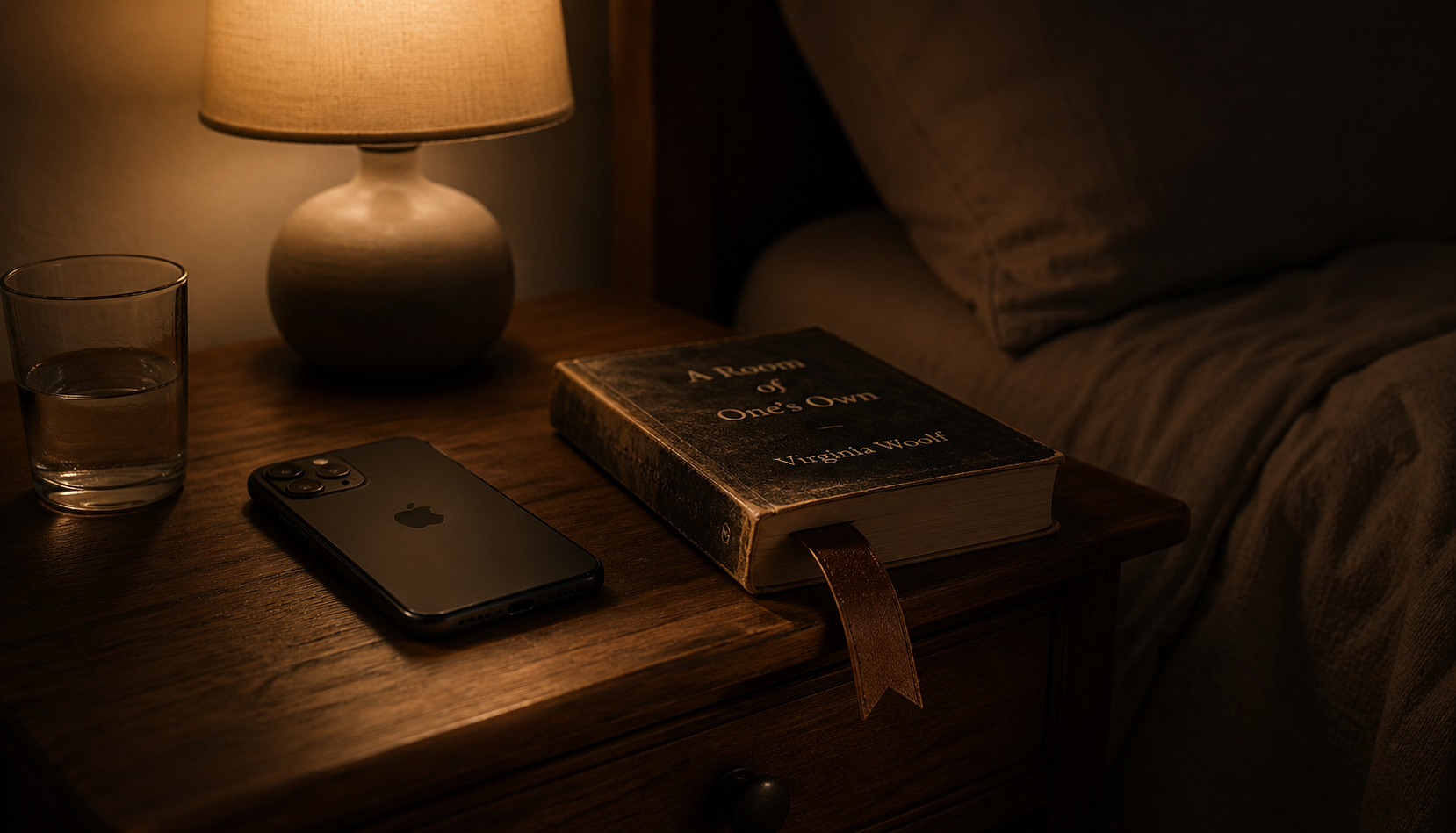A nightstand at midnight, a small lamp, a phone face-down, a half-read book