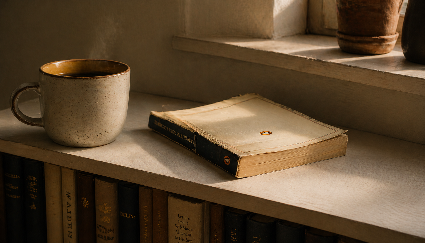 A small shelf of paperback classics behind a register, slightly out of focus
