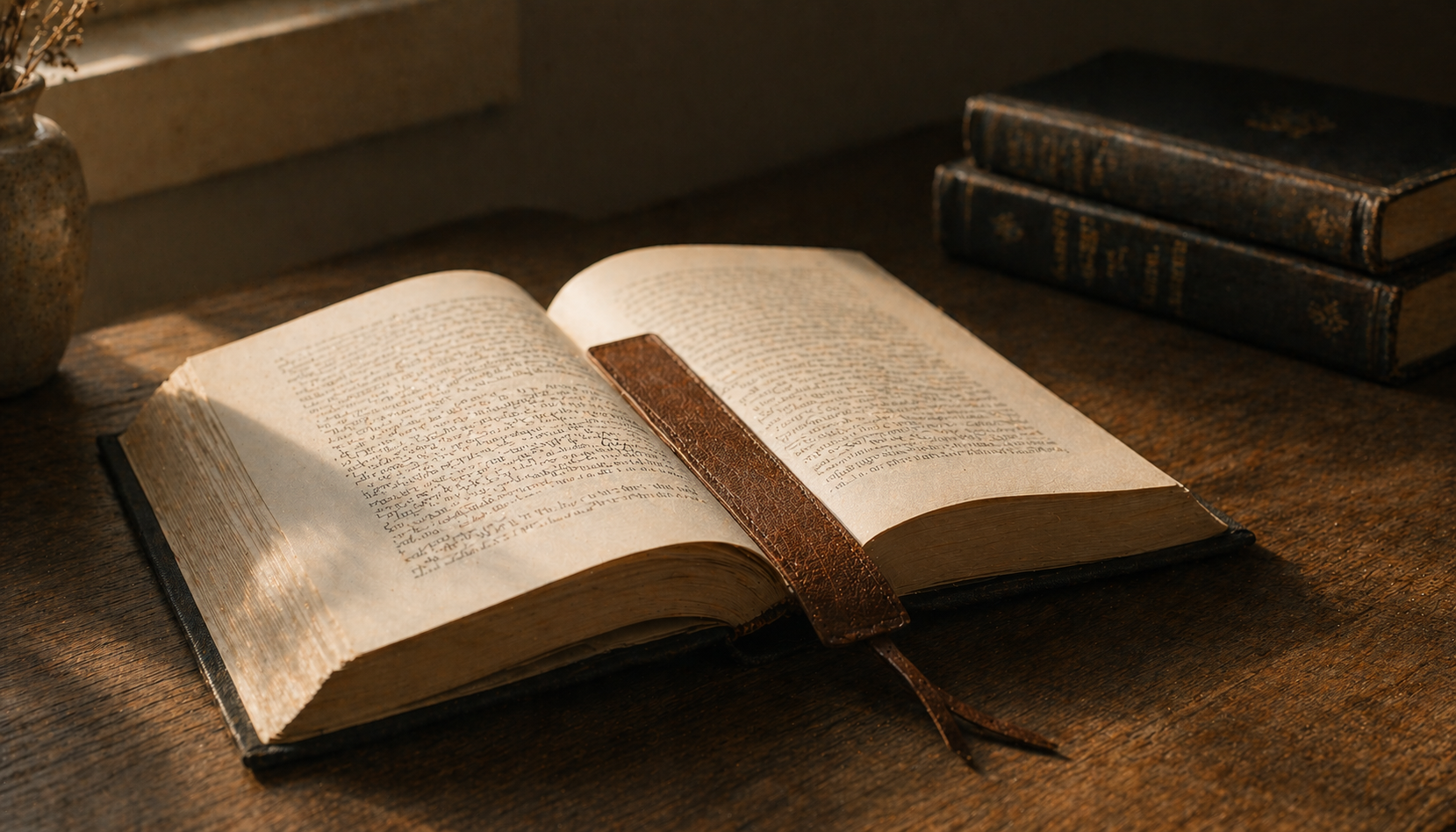 A linen bookmark resting at the front of a half-read book